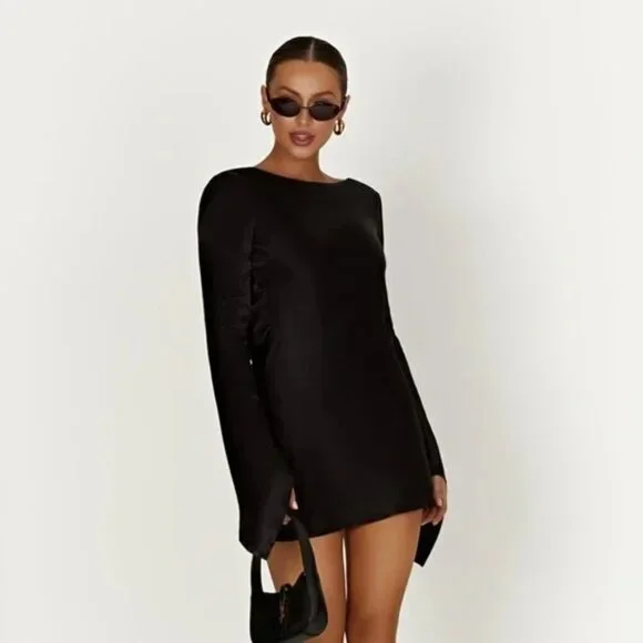 Meshki Davina Satin Black Long Bell Sleeve Mini Dress Black Size XS - Picture 3 of 10